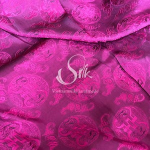 PURE MULBERRY SILK fabric by the yard -Pink Silk with Black Thọ dơi patterns - Floral Silk - Natural silk - Handmade in VietNam