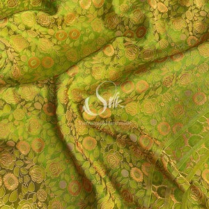 PURE MULBERRY SILK fabric by the yard -  Chartreuse Green Silk with Yellow Rose patterns - Floral Silk - Natural silk - Handmade in VietNam
