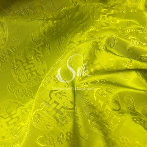 PURE MULBERRY SILK fabric by the yard - Chartreuse Silk with Thọ dơi patterns - Floral Silk - Natural silk - Handmade in VietNam