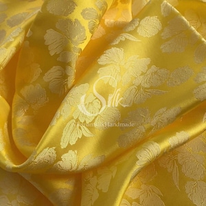 PURE MULBERRY SILK fabric by the yard - Natural silk - Yellow flowers - Handmade in VietNam
