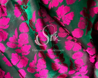 PURE MULBERRY SILK fabric by the yard - Natural silk - Handmade in VietNam- Green silk with pink big flowers