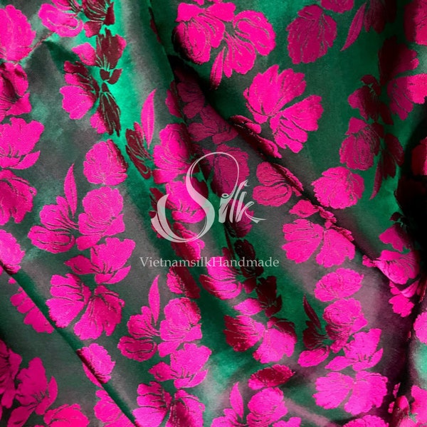 PURE MULBERRY SILK fabric by the yard - Natural silk - Handmade in VietNam- Green silk with pink big flowers