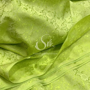 PURE MULBERRY SILK fabric by the yard - Natural silk -Chartreuse green Silk with flowers - Handmade in VietNam- Silk with Daisy pattern