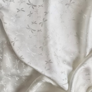 White PURE MULBERRY SILK fabric by the yard - Dragonfly pattern - Natural silk - Handmade in VietNam - Dragonfly Pattern - White silk