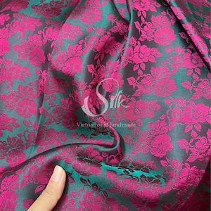 PURE MULBERRY SILK fabric by the yard - Natural silk - Handmade in VietNam- Green silk with Pink double roses flowers