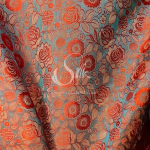 PURE MULBERRY SILK fabric by the yard - Green Silk with Orange Rose patterns - Floral Silk - Natural silk - Handmade in VietNam