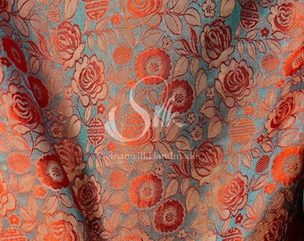 PURE MULBERRY SILK fabric by the yard - Green Silk with Orange Rose patterns - Floral Silk - Natural silk - Handmade in VietNam