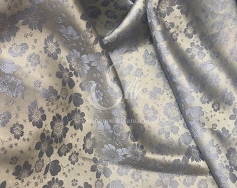 PURE MULBERRY SILK fabric by the yard - Floral Silk - Light Grey Silk - Natural silk - Handmade in VietNam