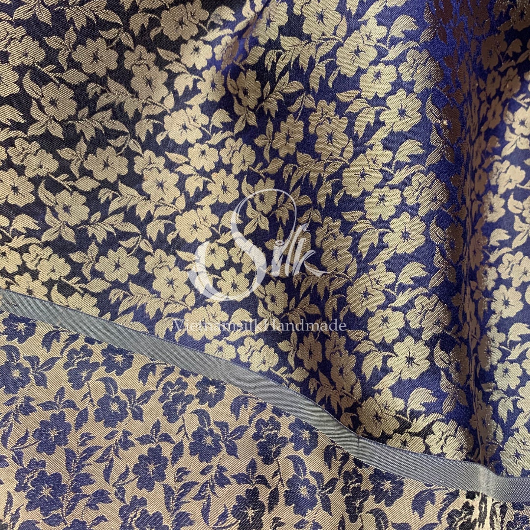 PURE MULBERRY SILK fabric by the yard - Natural silk - Handmade in VietNam - Navy silk with bronze flowers