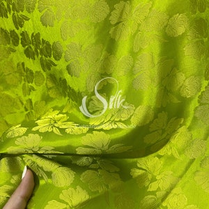 PURE MULBERRY SILK fabric by the yard - Chartreuse Green Silk with Big Flowers- Natural silk - Handmade in VietNam