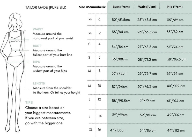 May include: Size chart for a silk garment with measurements in inches and centimeters. The chart shows the size, bust, waist, and hip measurements for sizes XS, S, M, L, and XL.