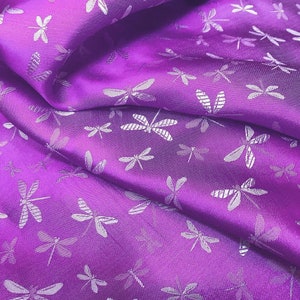PURE MULBERRY SILK fabric by the yard - Drangonfly design - purple silk - Natural silk - Handmade in VietNam