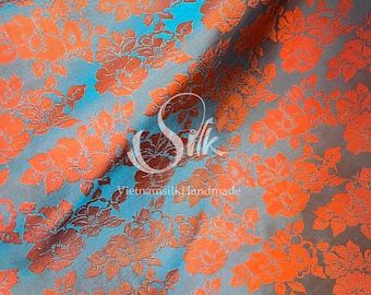 PURE MULBERRY SILK fabric by the yard - Green Silk with Orange Rose design - Floral Silk - Natural silk - Handmade in VietNam