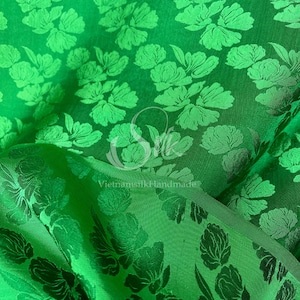 PURE MULBERRY SILK fabric by the yard - Natural silk - Handmade in VietNam- Green silk with big flowers
