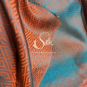 PURE MULBERRY SILK fabric by the yard - Natural silk - Handmade in VietNam - Green silk with Orange plaid pattern