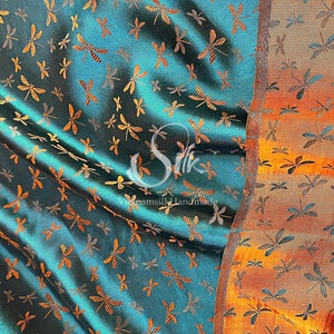 PURE MULBERRY SILK fabric by the yard - Dragonfly pattern-  Natural silk - Handmade in VietNam - Orange Dragonfly Pattern