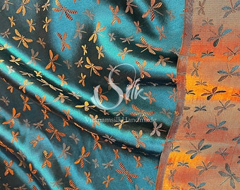PURE MULBERRY SILK fabric by the yard - Dragonfly pattern-  Natural silk - Handmade in VietNam - Orange Dragonfly Pattern