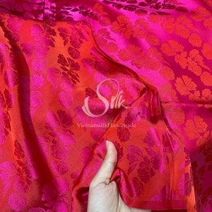 PURE MULBERRY SILK fabric by the yard - Red Pink Floral Silk - Big Flowers Patterns- Natural silk - Handmade in VietNam