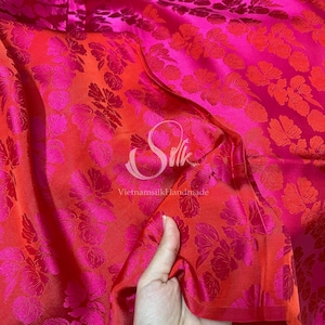 PURE MULBERRY SILK fabric by the yard - Red Pink Floral Silk - Big Flowers Patterns- Natural silk - Handmade in VietNam