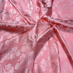 PURE MULBERRY SILK fabric by the yard - Pink Silk with Big Flowers- Natural silk - Handmade in VietNam