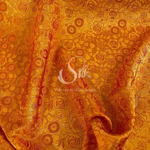 PURE MULBERRY SILK fabric by the yard - Natural silk - Handmade in VietNam - Rose patterns Silk - Orange Floral silk