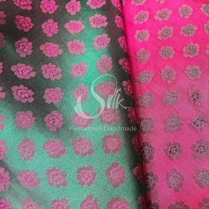PURE MULBERRY SILK fabric by the yard - Natural silk -  Peach Flowers - Handmade in VietNam- Green silk with pink flowers