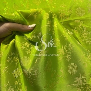Chartreuse grün reine Maulbeerseide Stoff Meterware - Naturseide - Traditionelle Trúc Mai Muster - Handgemacht in VietNam