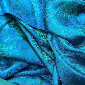 PURE MULBERRY SILK fabric by the yard - Natural silk - Handmade in VietNam- Peacock Blue silk with flowers