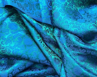 PURE MULBERRY SILK fabric by the yard - Natural silk - Handmade in VietNam- Peacock Blue silk with flowers