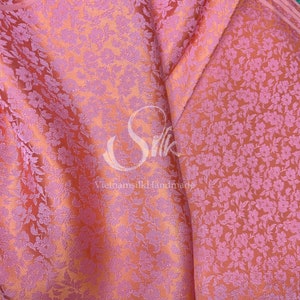 PURE MULBERRY SILK fabric by the yard - Natural silk - Pink Orange Silk - Small flowers - Floral Silk -Handmade in VietNam