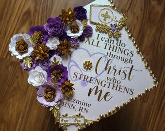 Custom Personalized Grace Carried Me Nurse RN Teacher Graduation Cap Topper Gold Purple White Flowers Butterflies Stethoscope