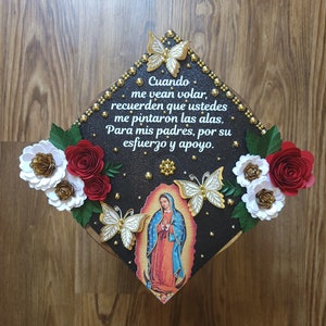 Custom Virgin Mary Lady of Guadalupe Mexico Graduation Cap Topper Flag Mexican Hispanic Country State Flower Gold Silver Sunflower Roses