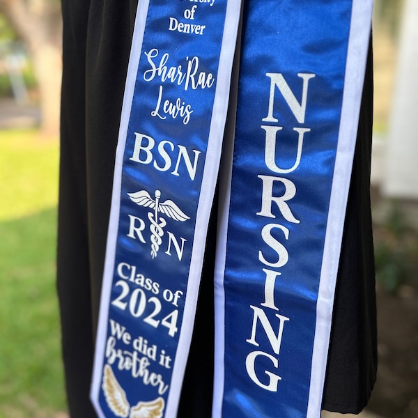 Custom Royal Blue White Gold Nurse Graduation Glitter Trimmed Stole Sash Design Decoration Silk Satin Grad Stole Honors Nursing RN BSN