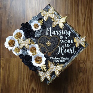 Custom Personalized Heart Stethoscope Nursing Is A Work Of Heart Nurse Graduation Cap Topper White Black Gold Silver Flowers Butterflies