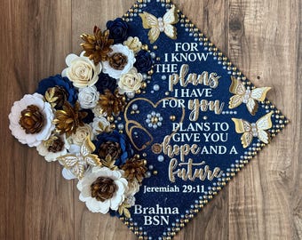 Custom Personalized Heart Stethoscope For I know the plans I have for you Nurse RN BSN Graduation Topper White Black Gold Silver Flowers