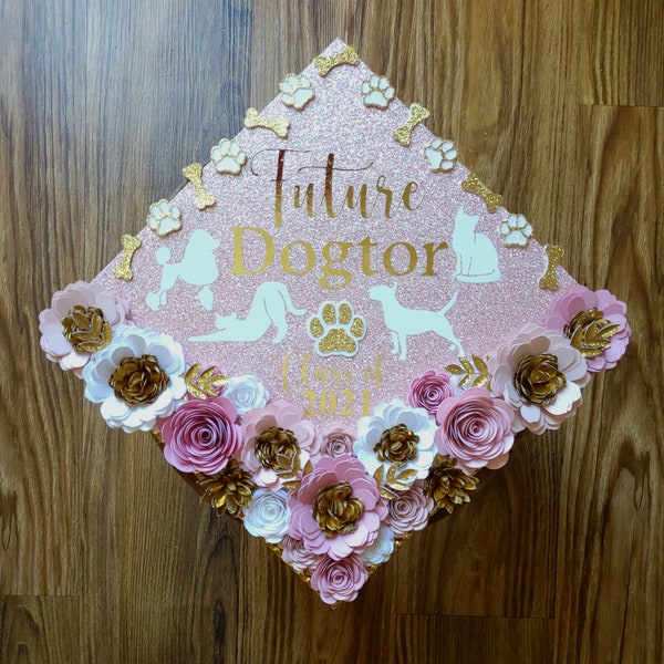 Custom Personalized Future Dogtor Vet Veterinarian Veterinary Graduation Cap Topper Pink White Gold Flowers Glitter Butterflies Dog Cat Paw