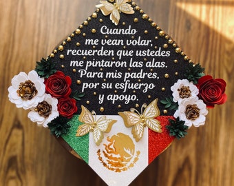 Custom Mexico Graduation Cap Topper Flag Floral Bling Graduation Cap Mexican Hispanic Country State Flower Gold Silver Sunflower Roses