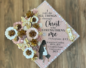 Custom GOD Graduation Cap Topper Vintage Pink Girly Floral Graduation Cap Mexican Flower Rose Gold Sunflower Roses Nurse Teacher RN BSN