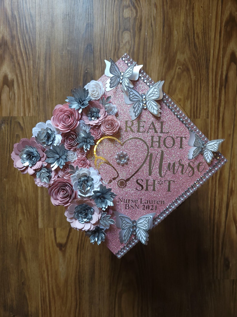 Custom Personalized Silver Heart Stethoscope Nursing Is A Work Of Heart Nurse Graduation Cap Topper Real Hot Nurse Shit Flowers Butterflies image 1