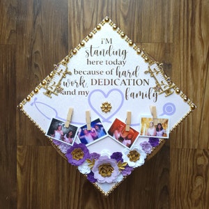 Custom Personalized Graduation Cap Topper Im standing here because of hard work Family God Purple Pearls Gold Butterflies Nurse BSN RN