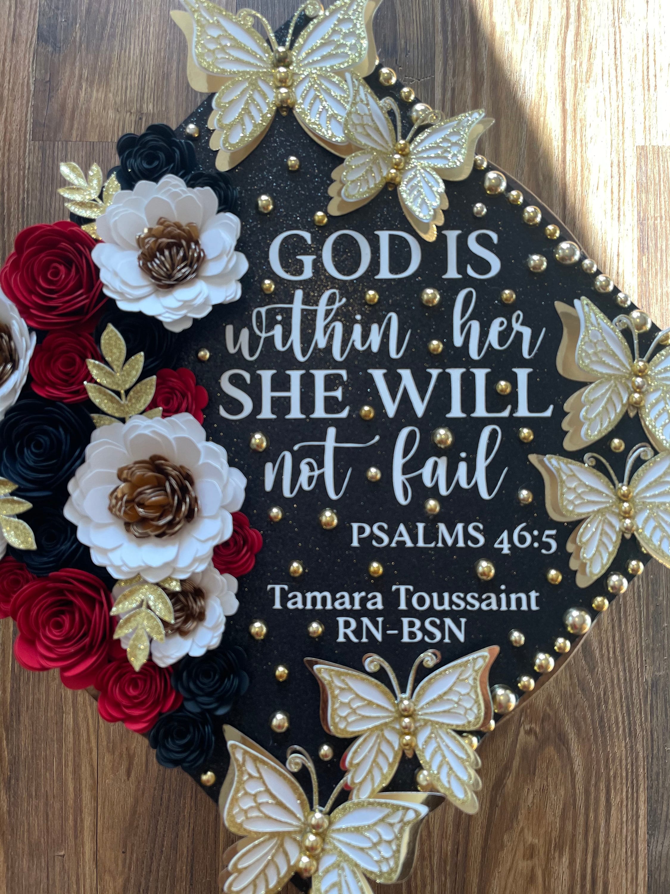 Custom Nursing Graduation Cap – Black Red White Flowers RN BSN MSN Grad ...