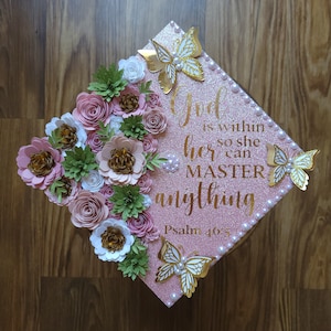 Custom Personalized Graduation Cap Topper God is Within Her Shr Can Master Anything Pink Flowers Glitter Pearls Gold MSN RN BSN