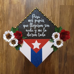 Custom Cuba Cuban Cubana Graduation Cap Topper Flag Floral Bling Graduation Cap Mexican Country Flower Gold Sunflower Roses Nurse Teacher