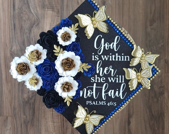 Custom Nursing Graduation Cap – Black Blue White Flowers RN BSN MSN Grad Topper
