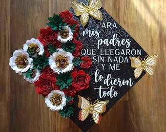 Custom Mexico Graduation Cap Topper Para Mis Padres Flag Floral Bling Butterfly Mexican Country State Flower Sunflower Roses Nurse Teacher