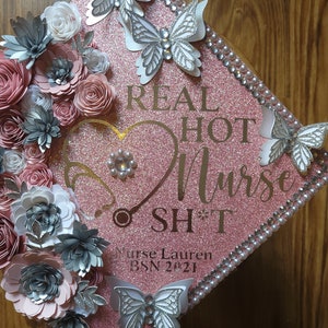 Custom Personalized Silver Heart Stethoscope Nursing Is A Work Of Heart Nurse Graduation Cap Topper Real Hot Nurse Shit Flowers Butterflies image 5