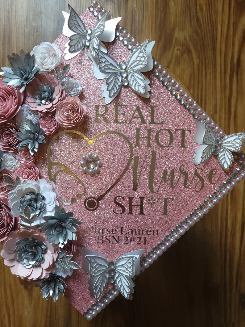 Custom Personalized Silver Heart Stethoscope Nursing Is A Work Of Heart Nurse Graduation Cap Topper Real Hot Nurse Shit Flowers Butterflies image 5