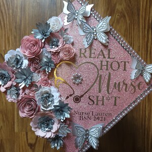 Custom Personalized Silver Heart Stethoscope Nursing Is A Work Of Heart Nurse Graduation Cap Topper Real Hot Nurse Shit Flowers Butterflies image 3