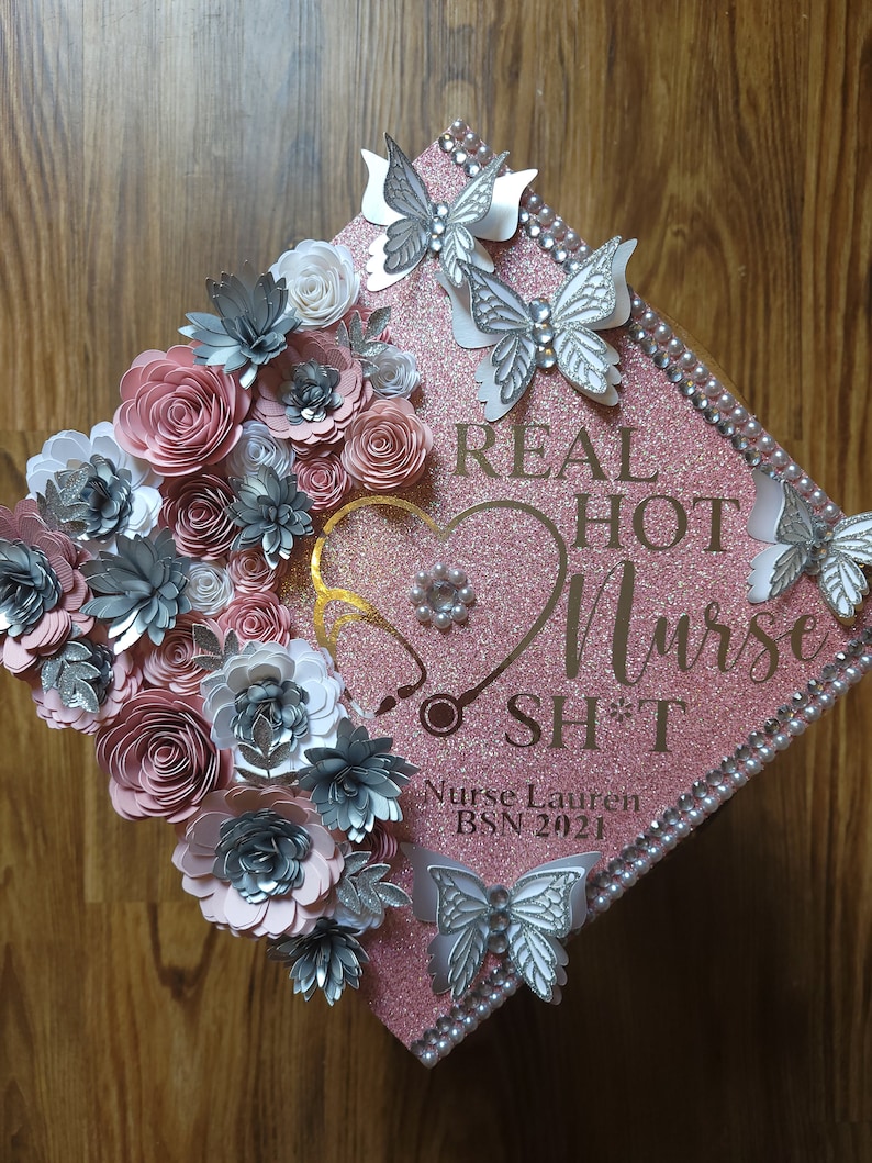 Custom Personalized Silver Heart Stethoscope Nursing Is A Work Of Heart Nurse Graduation Cap Topper Real Hot Nurse Shit Flowers Butterflies image 3