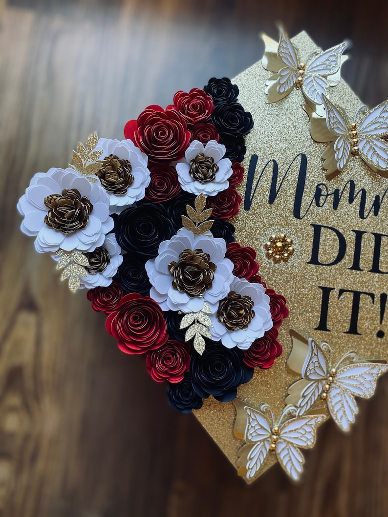 Custom Graduation Cap Topper Mommy Did It Gold Roses Sunflowers RN Nurse Teacher First Generation Mexican Mexico image 4